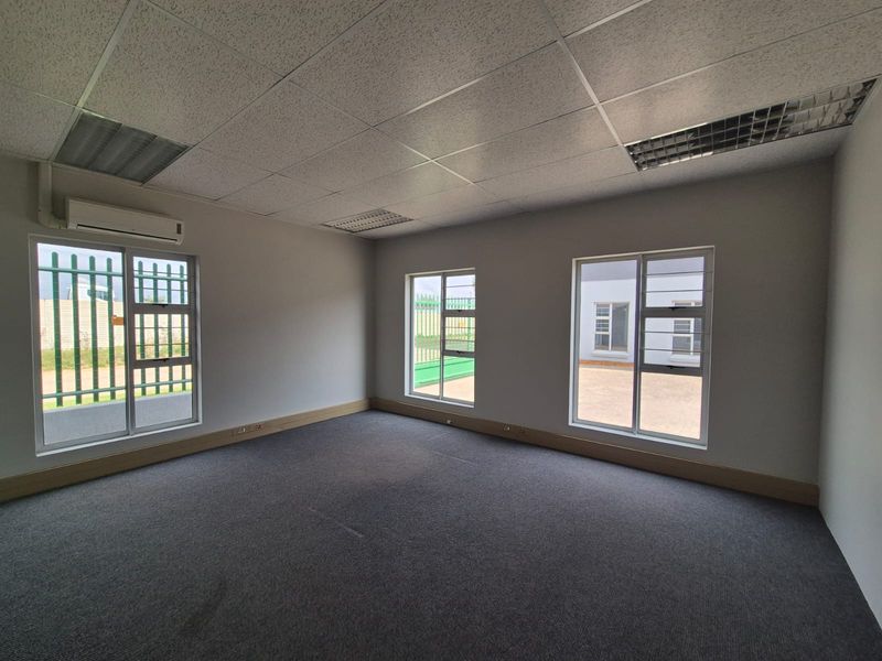 A bright, empty office space featuring a suspended ceiling, recessed lighting, split-system air conditioning, and carpeted flooring with large windows.