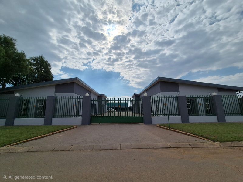 Front view of a modern office complex featuring a paved driveway, secure perimeter fencing with a sliding gate, and well-maintained lawn areas.