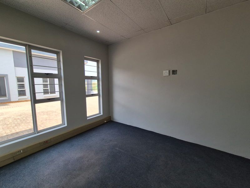 A vacant office space featuring carpet flooring, a suspended ceiling with recessed lighting, and large windows with security bars.