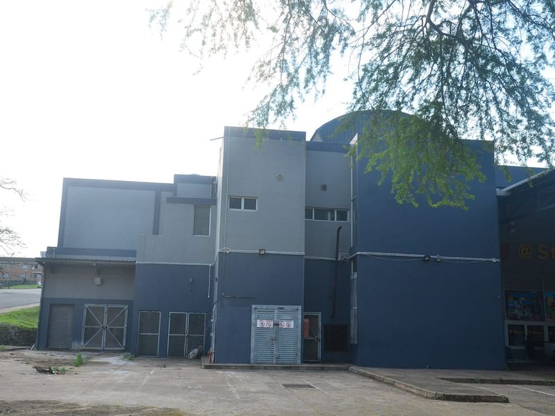 Rear exterior view of a commercial building featuring painted concrete walls, metal security shutters, and a paved service area.