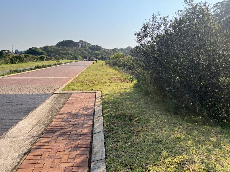 A view of a paved walkway and landscaped verge within a commercial vacant land development.