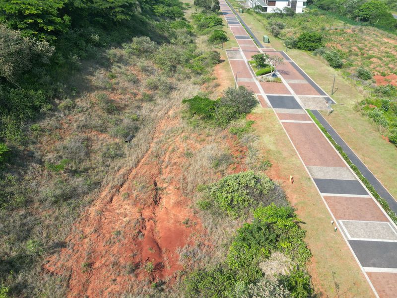 Aerial view of a vacant commercial land plot featuring a paved pedestrian walkway and natural vegetation with visible soil erosion on the slope.