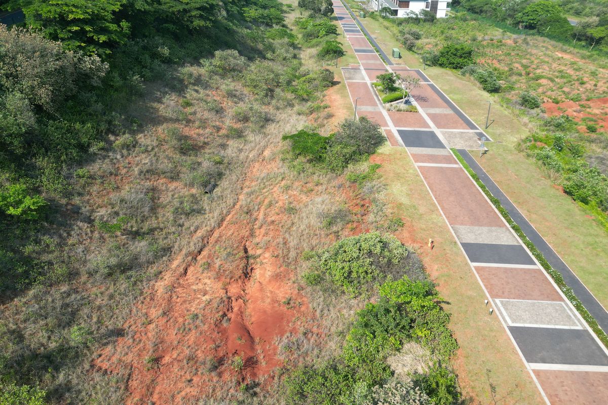 Aerial view of a vacant commercial land plot featuring a paved pedestrian walkway and natural vegetation with visible soil erosion on the slope.