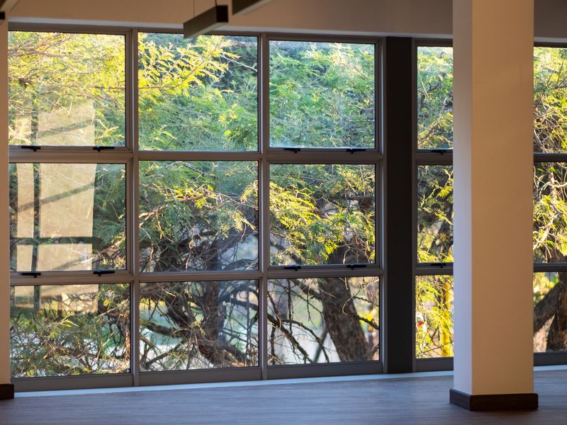 A bright, open-plan office space featuring large windows with natural views, a structural column, and modern recessed track lighting.