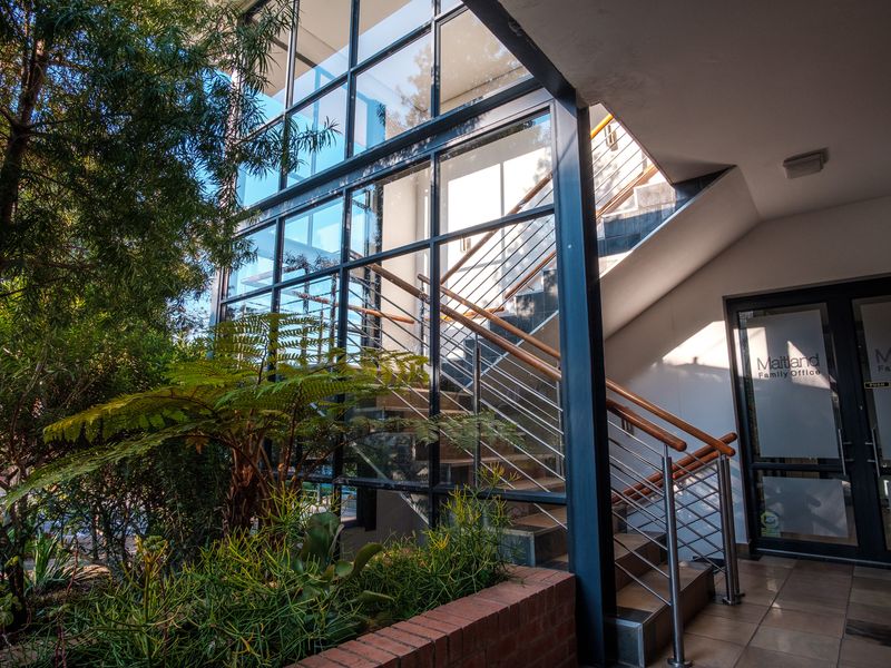 Modern office entrance featuring a striking full-height glass facade, steel staircase with timber handrails, and a landscaped brick planter box.