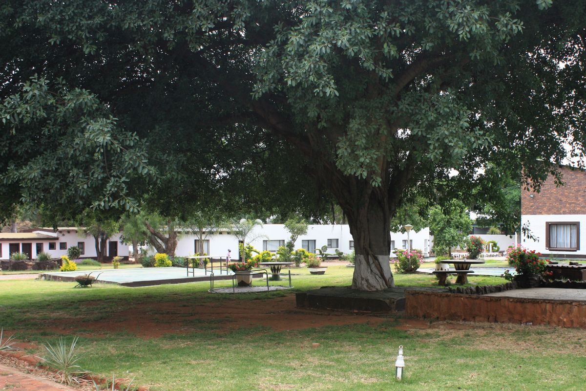 A spacious, well-maintained garden area featuring mature trees, expansive lawns, and established landscaping on a small holding property.