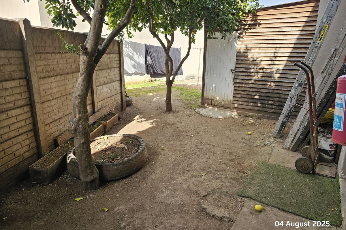 A rear outdoor area featuring a timber shed, mature trees, and a concrete boundary wall, providing a functional utility space.