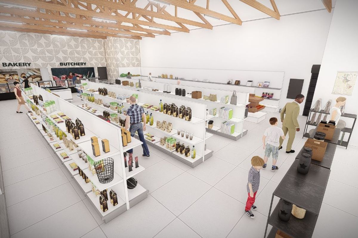 A high-angle view of a modern commercial retail space featuring exposed timber roof trusses, tiled floors, and dedicated bakery and butchery sections.