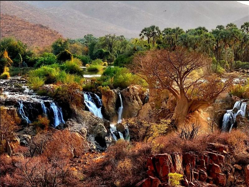 A scenic view of a natural waterfall cascading over rocky terrain surrounded by lush indigenous trees and landscape.