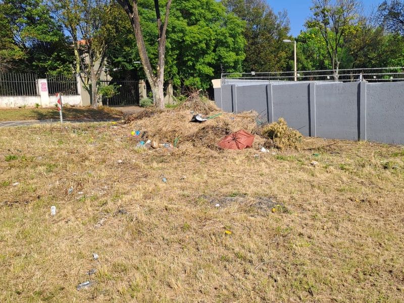 A view of a vacant residential plot featuring a perimeter wall and fencing, currently requiring site clearing and maintenance.