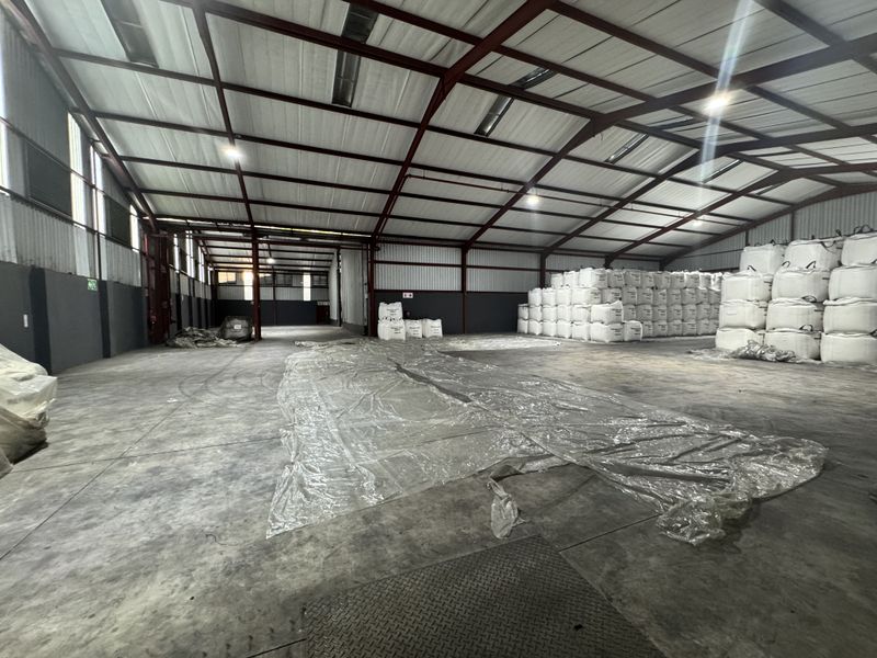 Spacious industrial warehouse featuring a steel portal frame, concrete flooring, and high-clearance roof with integrated skylights and industrial lighting.