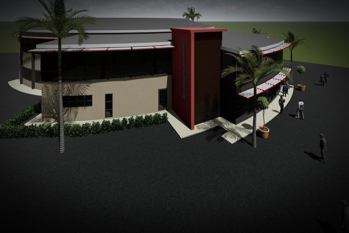 An aerial 3D architectural rendering of a modern commercial building featuring a prominent red entrance tower and contemporary facade design.