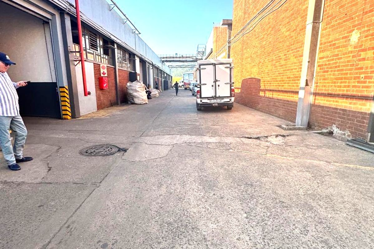 Industrial exterior loading area featuring concrete paving, brick wall construction, and overhead fire suppression piping along the warehouse facade.