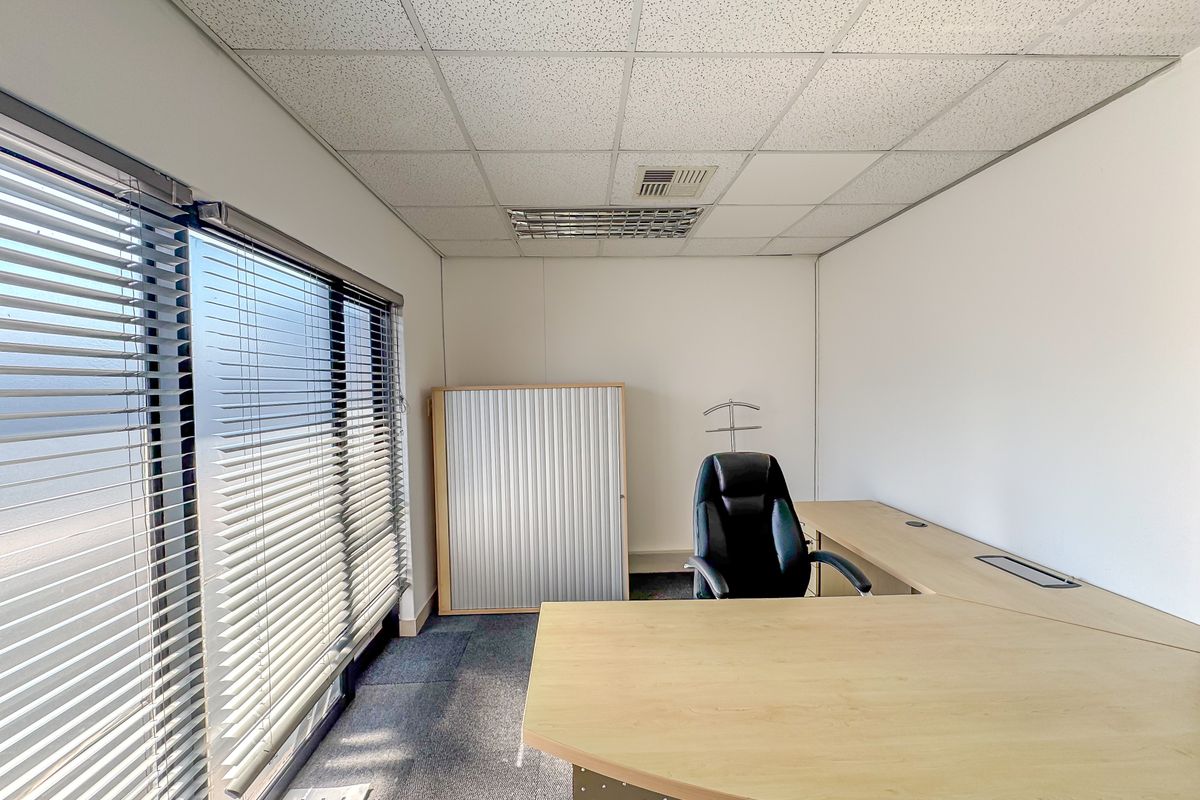 A functional office space featuring a suspended ceiling, recessed lighting, carpeted flooring, and large windows with venetian blinds.