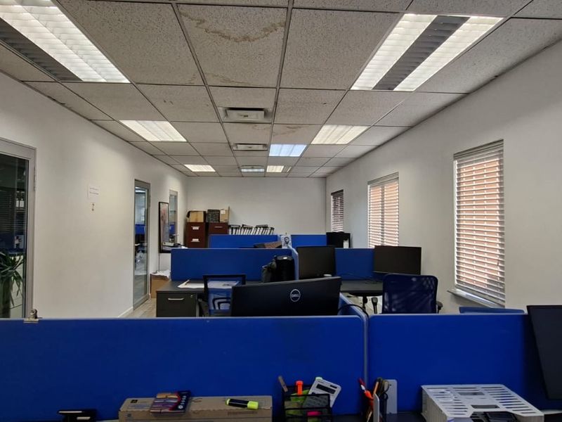 A functional open-plan office space featuring a suspended ceiling with recessed lighting and large windows with fitted venetian blinds.