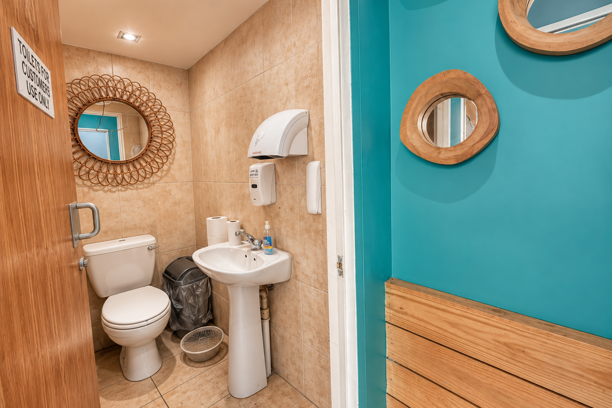 A clean, functional restaurant restroom featuring tiled walls and flooring, a pedestal sink, and wall-mounted utility fixtures.