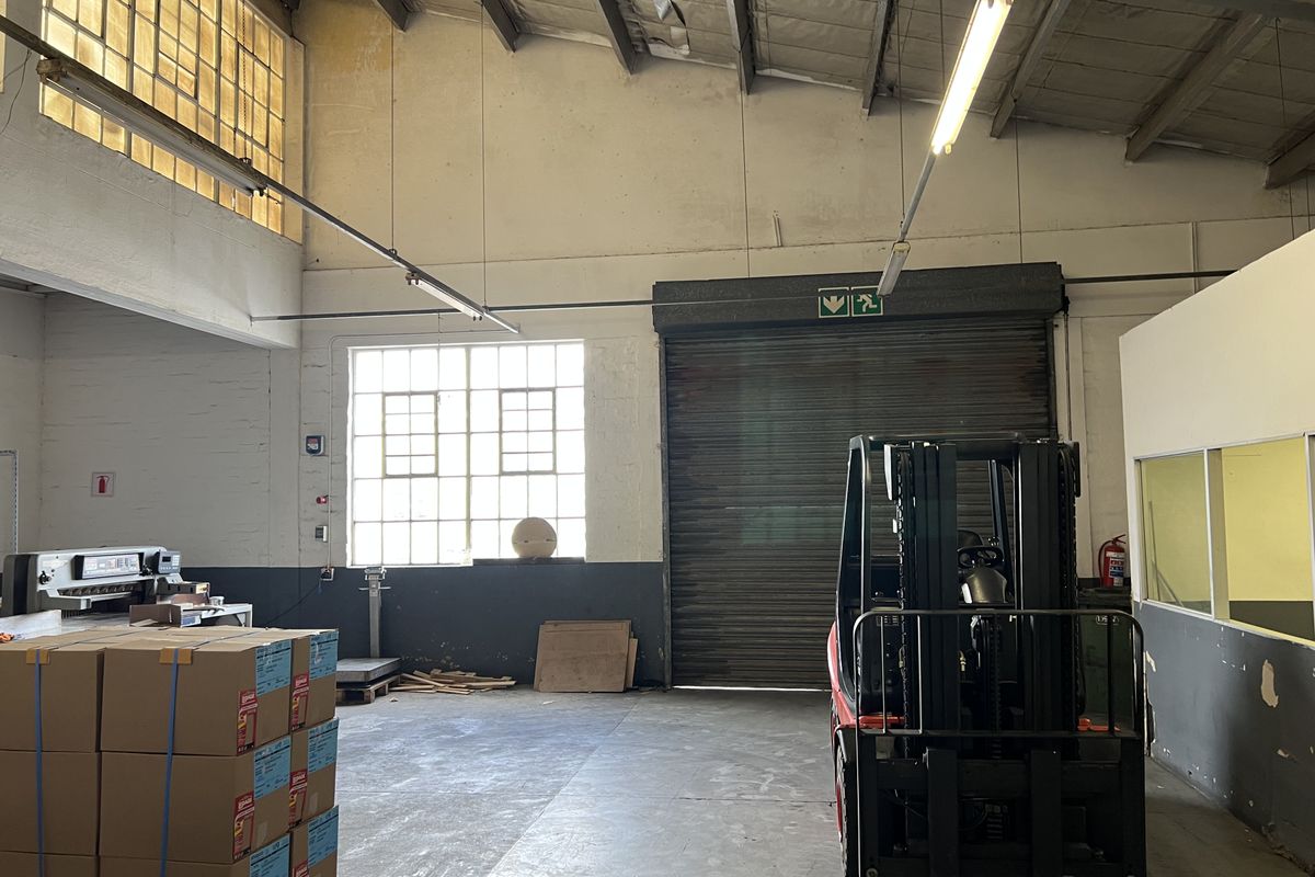 Spacious industrial warehouse area featuring high ceilings with exposed steel trusses, concrete flooring, large windows, and a secure roller shutter door for loading access.