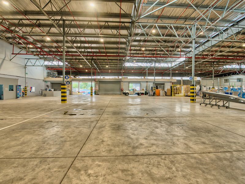 Spacious industrial warehouse featuring high ceilings with exposed steel trusses, concrete flooring, fire sprinkler system, and multiple roller shutter doors for efficient access.