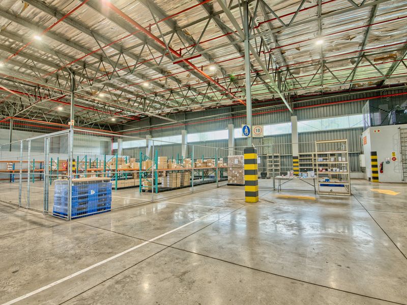 Spacious industrial warehouse featuring high ceilings with exposed steel trusses, fire sprinkler systems, concrete flooring, and secure metal mesh partitioning for storage.