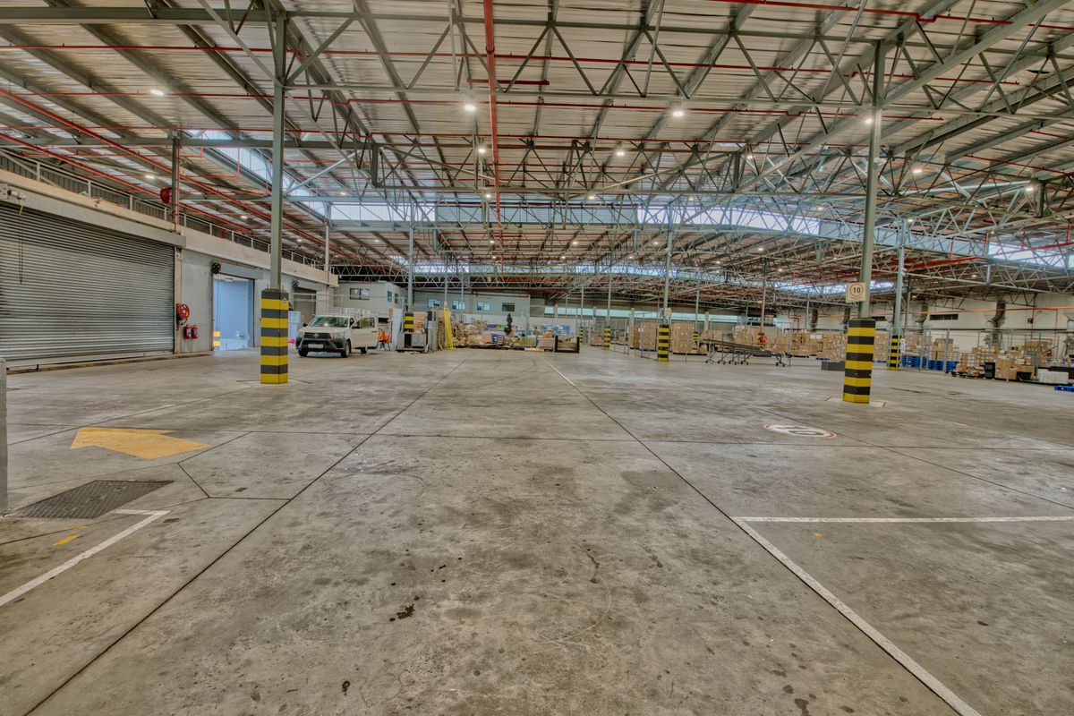 Expansive industrial warehouse space featuring high steel truss ceilings, fire sprinkler systems, concrete flooring, and large roller shutter access doors.
