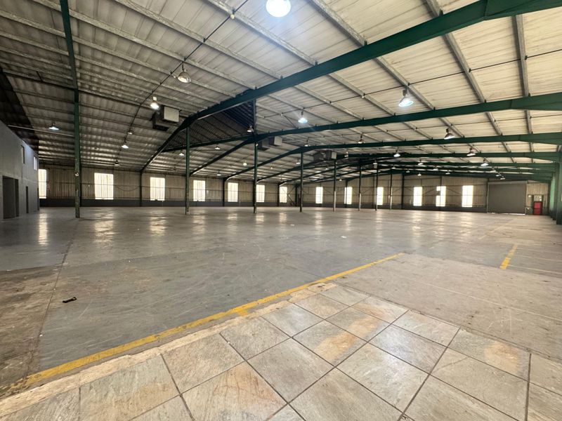 Expansive industrial warehouse space featuring high-bay lighting, exposed steel roof trusses, and durable concrete flooring, suitable for various storage or manufacturing operations.