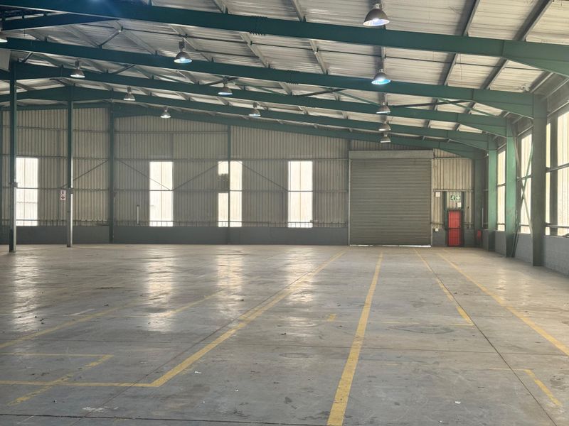 Spacious industrial warehouse featuring high ceilings, concrete flooring, roller shutter access, and functional overhead lighting, suitable for various storage or manufacturing operations.