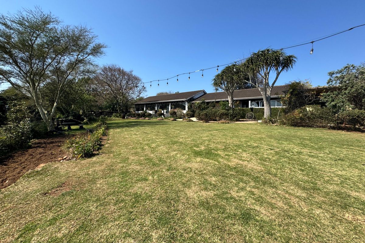 A spacious rear garden featuring a well-maintained lawn, mature trees, and overhead string lighting, providing an inviting outdoor area for the commercial property.