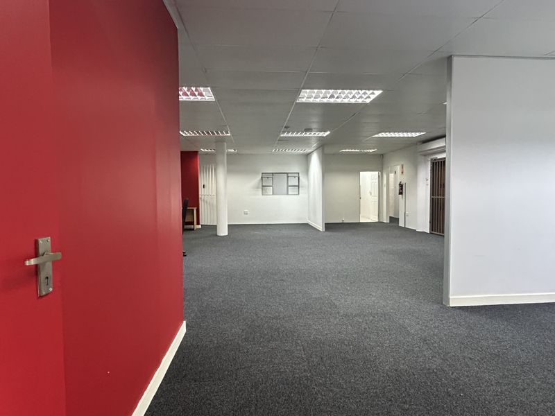 An open-plan office space featuring a suspended ceiling, recessed lighting, and grey carpeting, providing a versatile layout for various business configurations.