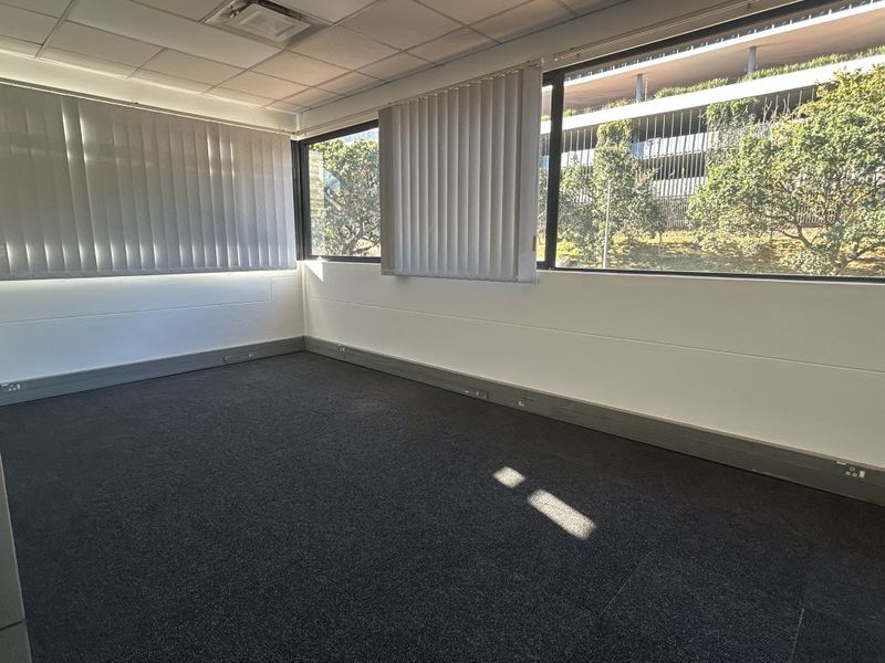 A vacant office space featuring carpeted flooring, suspended ceilings, and large windows with vertical blinds, providing ample natural light.