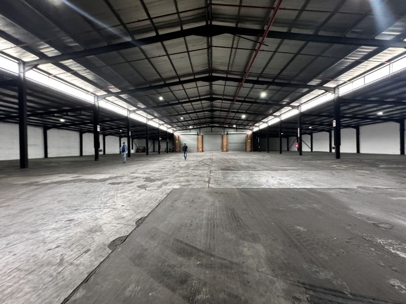 Expansive industrial warehouse space featuring a high steel portal frame, concrete flooring, and multiple roller shutter doors for efficient logistics and storage operations.