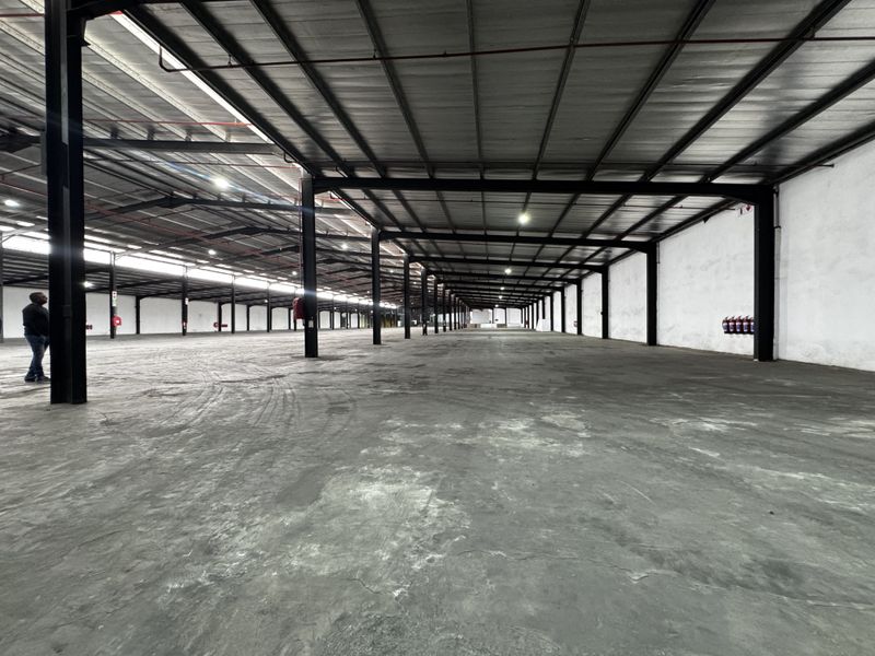 Expansive industrial warehouse space featuring high ceilings, exposed steel structural beams, concrete flooring, and integrated fire safety systems.