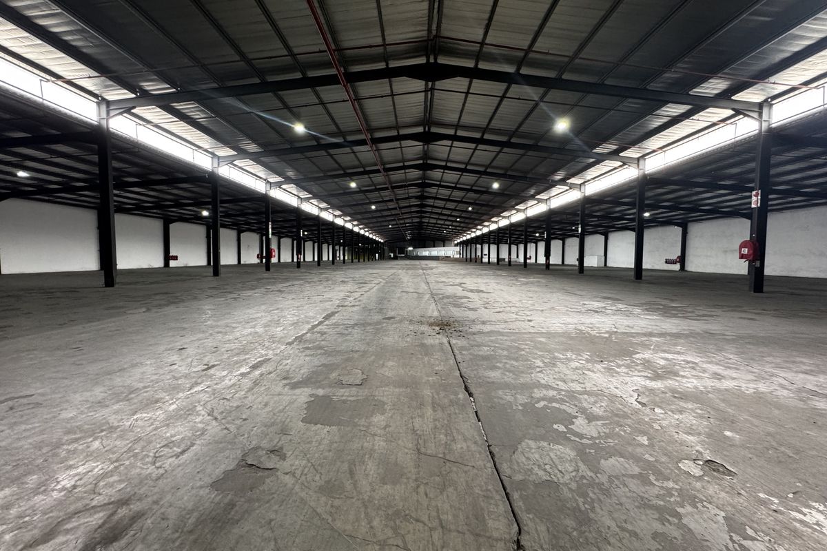 Expansive industrial warehouse space featuring a steel portal frame, high-bay lighting, fire sprinkler system, and large concrete floor area with clerestory windows.