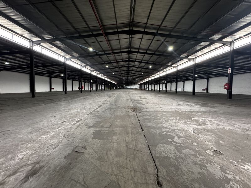 Expansive industrial warehouse space featuring a steel portal frame, high-bay lighting, fire sprinkler system, and large concrete floor area with clerestory windows.