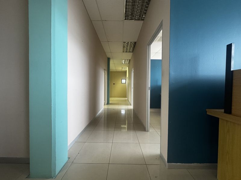 A functional office hallway featuring tiled flooring, a suspended ceiling with recessed lighting, and painted walls leading to multiple office spaces.