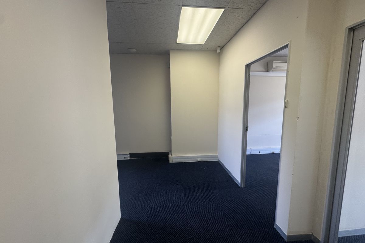An empty office space featuring a suspended ceiling with recessed lighting and dark carpeted flooring, providing a clean and functional workspace.