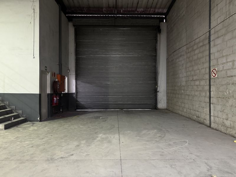 Spacious industrial garage unit featuring a large roller shutter door, durable concrete flooring, and integrated fire safety equipment.