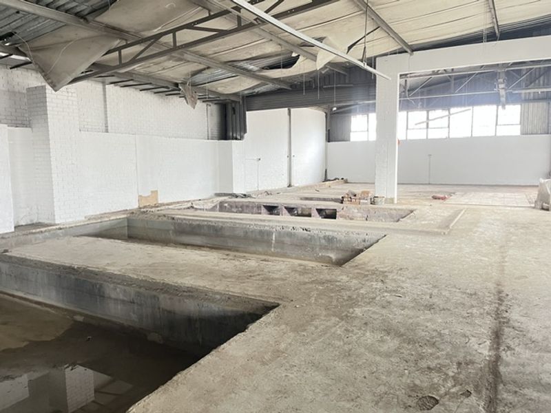 Large industrial utility space featuring exposed steel roof trusses, painted brick walls, and multiple sunken concrete pits suitable for workshop or manufacturing use.