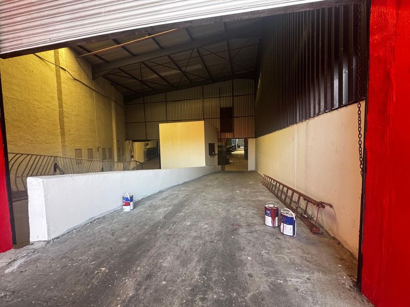Spacious industrial utility area featuring a concrete ramp, high metal roof structure, and roller shutter door access, suitable for storage or logistics operations.