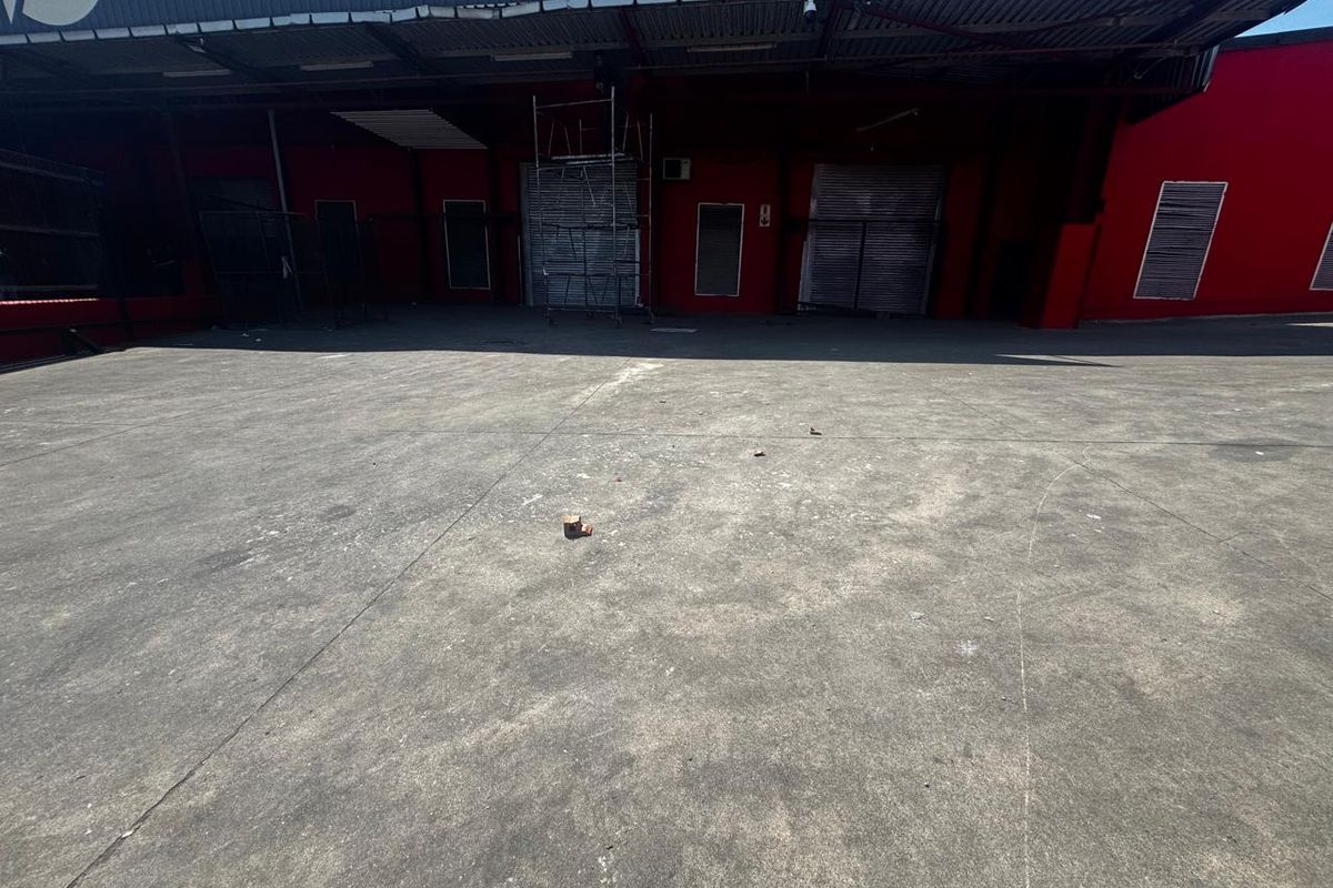 Industrial rear loading yard featuring a large concrete surface, multiple metal roller shutter doors, and a protective corrugated metal roof canopy.