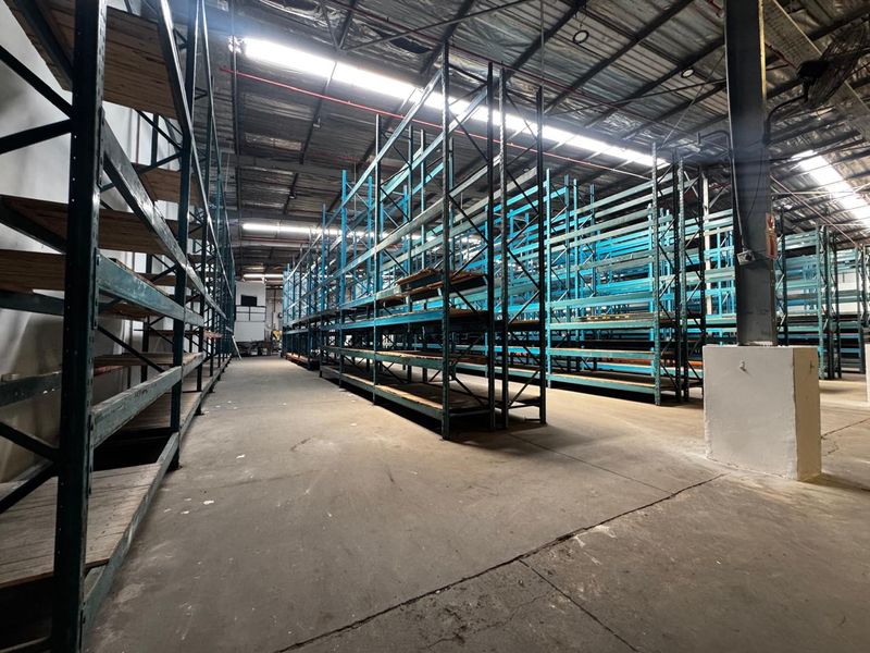 Spacious industrial warehouse featuring high ceilings with skylights, concrete flooring, and extensive built-in steel racking systems suitable for storage or logistics operations.