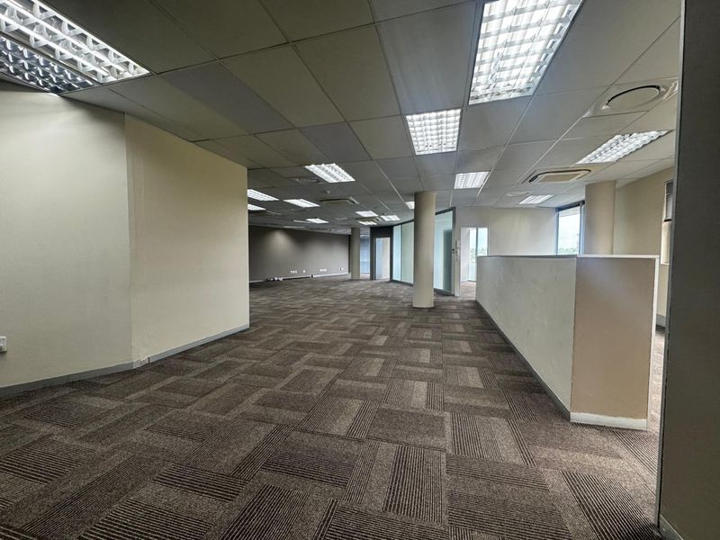 Spacious open-plan office area featuring suspended ceilings, recessed lighting, carpet tiles, and structural columns, offering a versatile workspace layout.