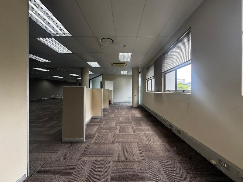 Spacious open-plan office area featuring suspended ceilings, recessed lighting, carpet tiles, and built-in cubicle partitions, offering a functional workspace layout.