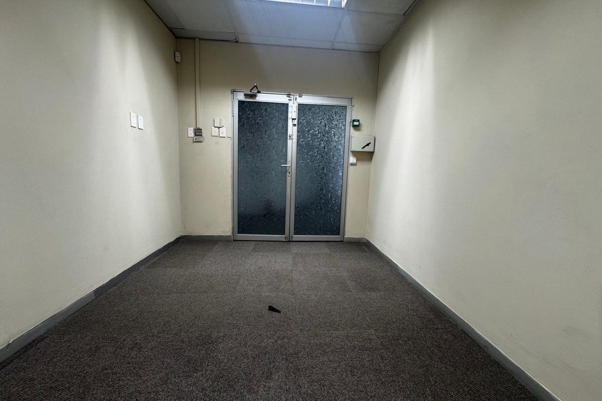 An empty office space featuring a drop ceiling with fluorescent lighting, carpeted flooring, and a double glass entrance door.