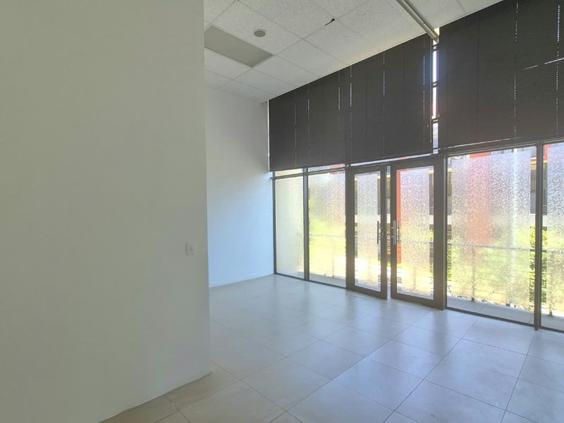 A bright, empty office space featuring large glass windows, tiled flooring, and a suspended ceiling, offering a clean canvas for professional use.