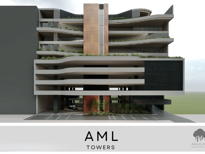 A modern architectural rendering of the AML Towers facade, featuring multi-level balconies, contemporary cladding, and ground-level parking facilities.