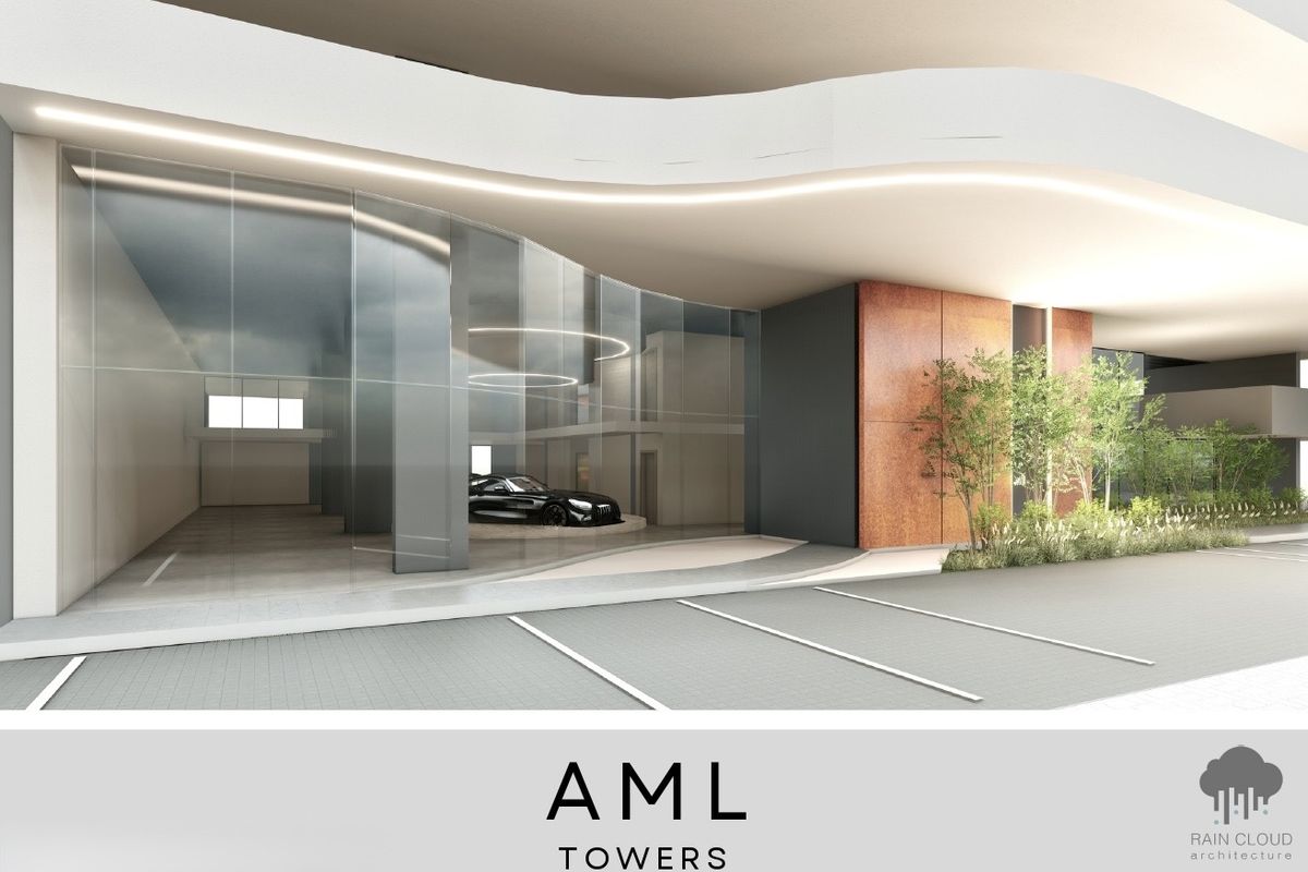 Modern architectural rendering of a retail building entrance featuring a curved glass facade, corten steel accents, and integrated LED lighting.