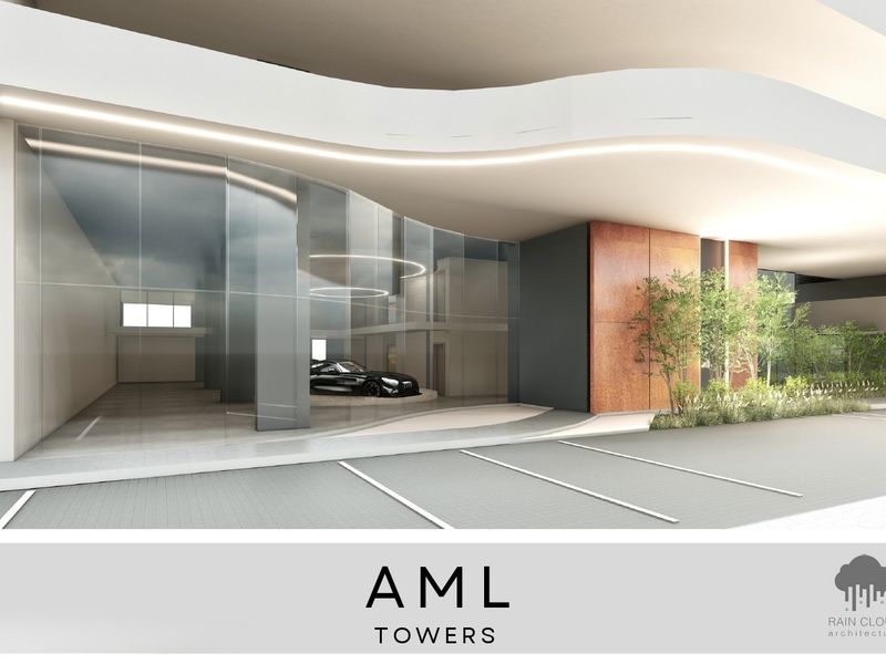 Modern architectural rendering of a retail building entrance featuring a curved glass facade, corten steel accents, and integrated LED lighting.