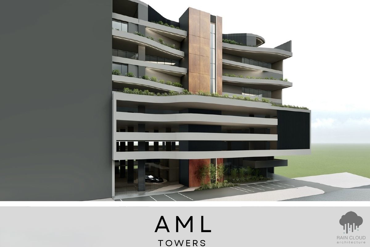 Architectural rendering of AML Towers, showcasing a modern multi-level commercial building with integrated balconies, planters, and covered parking facilities.
