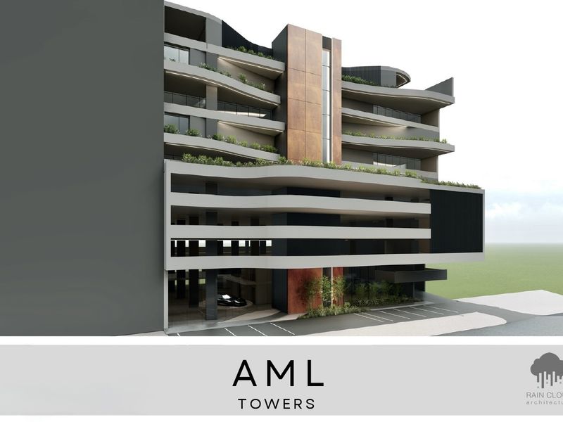Architectural rendering of AML Towers, showcasing a modern multi-level commercial building with integrated balconies, planters, and covered parking facilities.