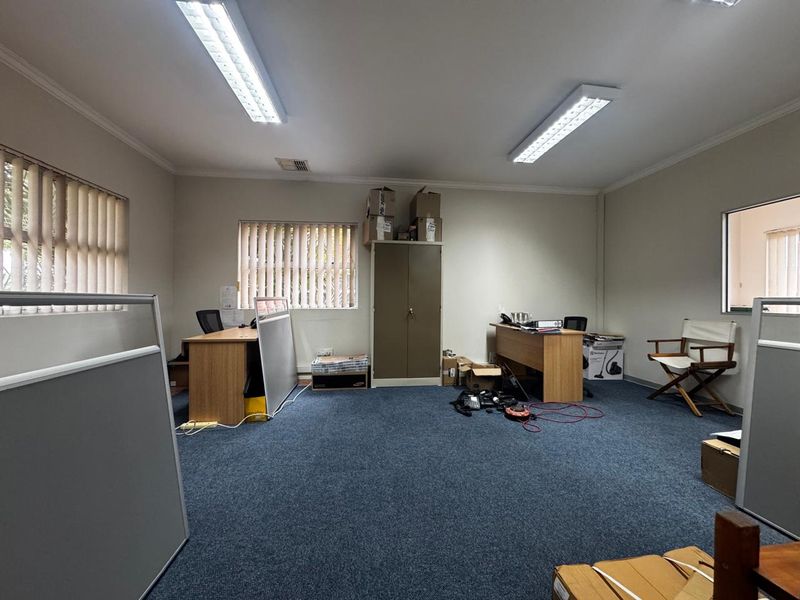 A functional office space featuring carpeted flooring, fluorescent lighting, and vertical blinds, providing a practical environment for professional work.